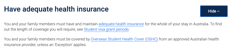 澳大利亚移民局官网对申请500学生签证关于OSHC材料的要求