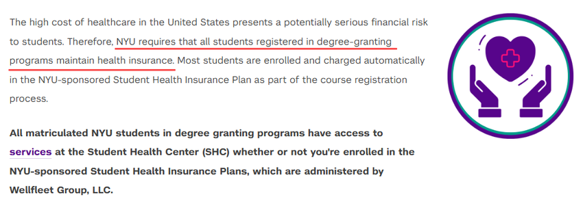 NYU官网对学生健康保险的要求