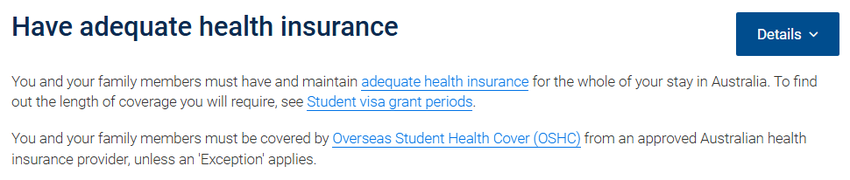 澳洲移民局官网对于申请500学生签证关于健康保险的要求